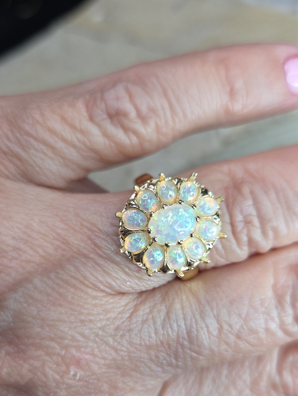 Gold Resin Opal Cluster Ring - Iridescent White Opal Resin Flower